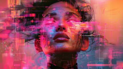 A woman's face is shown in a blurry, pixelated image with a pinkish hue. The image is abstract and has a futuristic feel to it