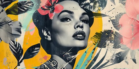 Obraz premium Stylized Portrait of Woman with Floral and Abstract Elements