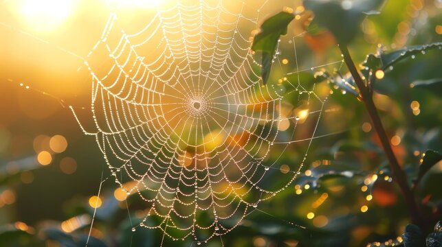 A spider web is shown in the center of the image, with a bright sun shining on it. The web is surrounded by green leaves and branches, creating a peaceful and serene atmosphere