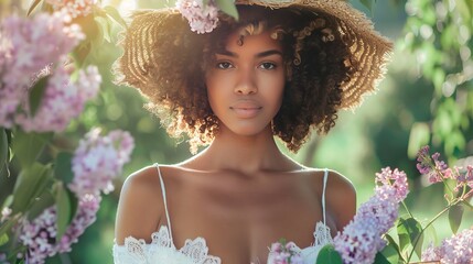 African american woman in white dress with lilac flowers, straw hat, blurred background portrait