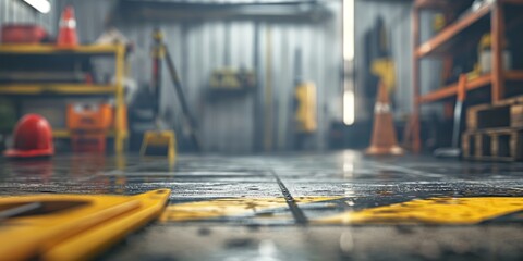An enigmatic shot focusing on oily, worn garage floor with blurred background of a workshop setting - obrazy, fototapety, plakaty