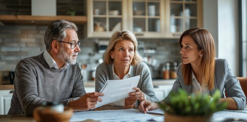 Mature couple consults with financial advisor at home. Older couple attentively discusses financial plans with a female advisor at their kitchen table