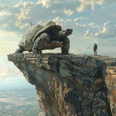 Foto op Canvas An adventurer pinta giant tortoise in human form standing at the edge of a cliff © Sattawat