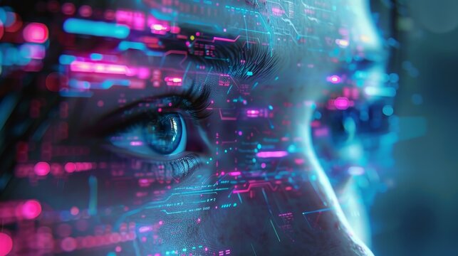 A woman's face is shown in a computer generated image with a blue eye and pink and purple lines surrounding it. The image gives off a futuristic and technological vibe