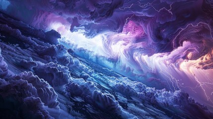 A blue sky with purple clouds and a white cloud. The sky is filled with clouds and the colors are vibrant
