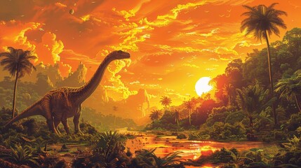 A dinosaur is walking through a jungle with a sunset in the background. The scene is peaceful and serene, with the dinosaur being the only living creature in the area - obrazy, fototapety, plakaty
