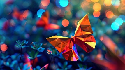 Vibrant origami butterfly amidst colorful bokeh backdrop