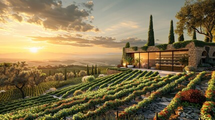 A beautiful vineyard with a house in the background. The house is surrounded by a lush green garden and has a large window overlooking the vineyard. The sun is setting