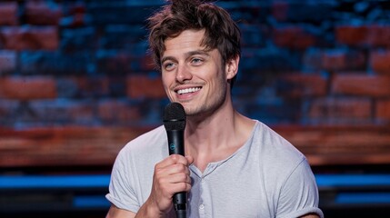 Stand-up comedian engaging audience onstage. Candid moment of a cheerful comedian performing live, microphone in hand, sharing a joke