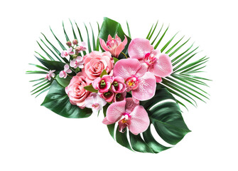 Bouquet of pink and white orchids with leaf isolated on transparent background, PNG, cut out