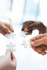 Hands, business people or puzzle for teamwork, collaboration or problem solving. Jigsaw, growth or...