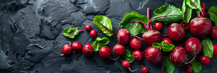 Fresh Organic Beetroots with Leaves on Dark Slat,
Red radishes on a dark background 