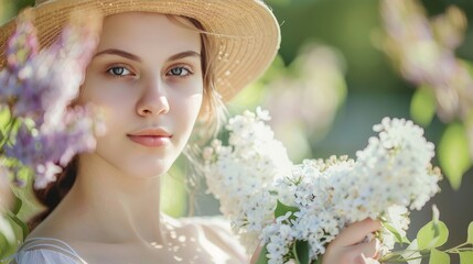 portrait of young woman in dress with white  lilac bouquet and straw hat, blurred background