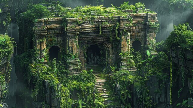 A lush green jungle with a crumbling stone building in the middle. The building has a lot of vines growing on it and the overall mood of the image is eerie and mysterious