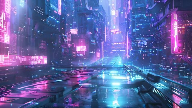 Futuristic Cyberpunk Cityscape with Neon Lights and Wet Streets, Showcasing the Concept of Advanced Urban Technology.
