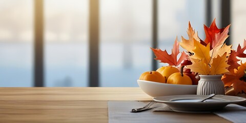 Autumn background from fallen leaves and fruits with vintage place setting on old wooden table....