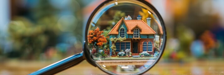 Exploring real estate  magnified view of house model symbolizes property investigation - obrazy, fototapety, plakaty