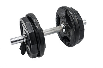 Detail of a dumbbell kit with rubber weight plates to protect the floor on white background.