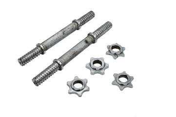 Top view of a set of two screw type dumbbell bars on white background. They are used and a little...
