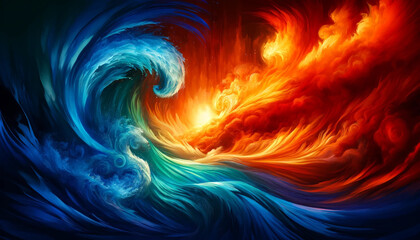 A dynamic representation of the elements fire and water interacting. 
