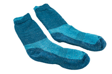 Detail of a pair of thick blue socks for winter. They are not wool, they are synthetic