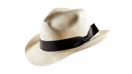 Panama Hat Ecuador A crisp, white Panama hat with a black ribbon, showcasing its elegant and smooth straw weave, perfect for a sunny day, isolated white background