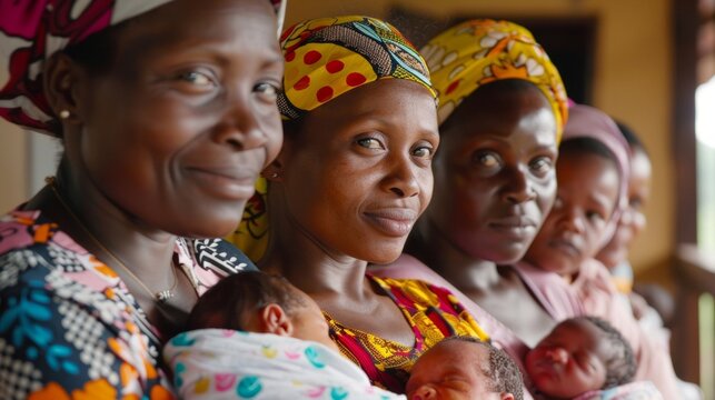 A line of mothers holding their newborn babies each one bearing an expression of gratitude towards the midwife who has just delivered their little ones into the world. The trust and .