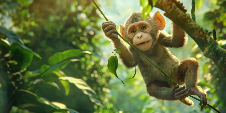 An animated monkey is depicted swinging joyfully on a vine, surrounded by the lush green of the jungle