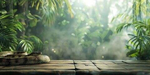 A serene yet wild image of a snake lying in wait atop aged wood, with a lush green jungle background - obrazy, fototapety, plakaty