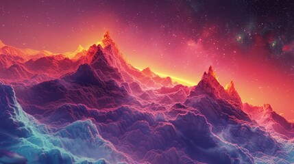A colorful mountain range with a purple sky. The mountains are covered in clouds and the sky is filled with stars. The image has a dreamy and peaceful mood - obrazy, fototapety, plakaty