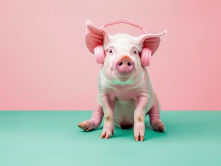 The pig with headphones on its ears is enjoying listening to music.