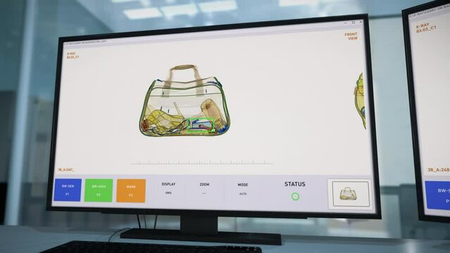 Surveillance Scanner At Airport Security Checks Passengers Luggage For Illegal Items. Scanner Surveillance System Detects Danger In Backpack. Surveillance X-Ray Scanner For Airplane Safety