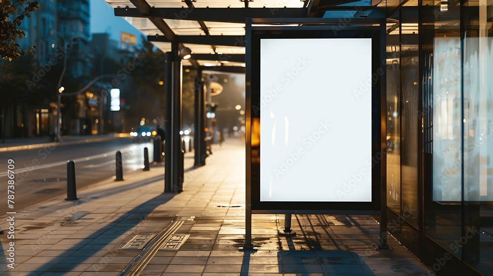 Poster bus shelter at busstop blank white lightbox empty billboard and ad placeholder glass and aluminum st