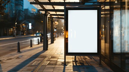 bus shelter at busstop blank white lightbox empty billboard and ad placeholder glass and aluminum structure transit station urban setting city street background stone sidewalk base for : Generative AI