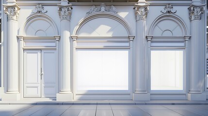 Mock up of big store blank showcase window in the classical building : Generative AI