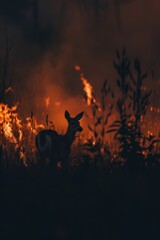 silhouette of a wild animal away from flames in a meadow during the twilight hours 
