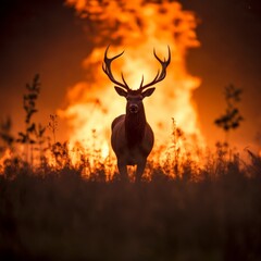 silhouette of a wild animal away from flames in a meadow during the twilight hours 
