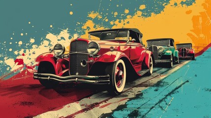 A vintage car is driving down a road with other vintage cars behind it. The scene is colorful and vibrant, with a mix of red, blue, and yellow hues. Scene is nostalgic and classic