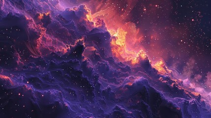 A purple and orange sky with stars and clouds. The sky is filled with clouds and stars, and the colors are vibrant and intense. Scene is one of wonder and awe - obrazy, fototapety, plakaty