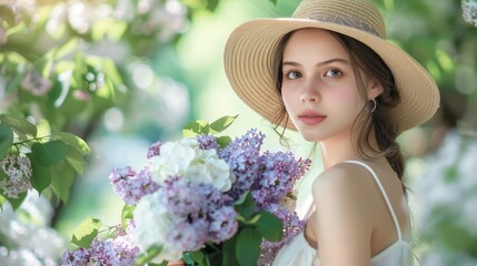 Fototapeta premium Spring garden portrait young woman in white dress with lilac bouquet and straw hat