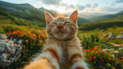 Cute cat traveler is taking selfie photo, summer mountains on background - obrazy, fototapety, plakaty