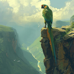 An adventurer paradise parrot in human form standing at the edge of a cliff
