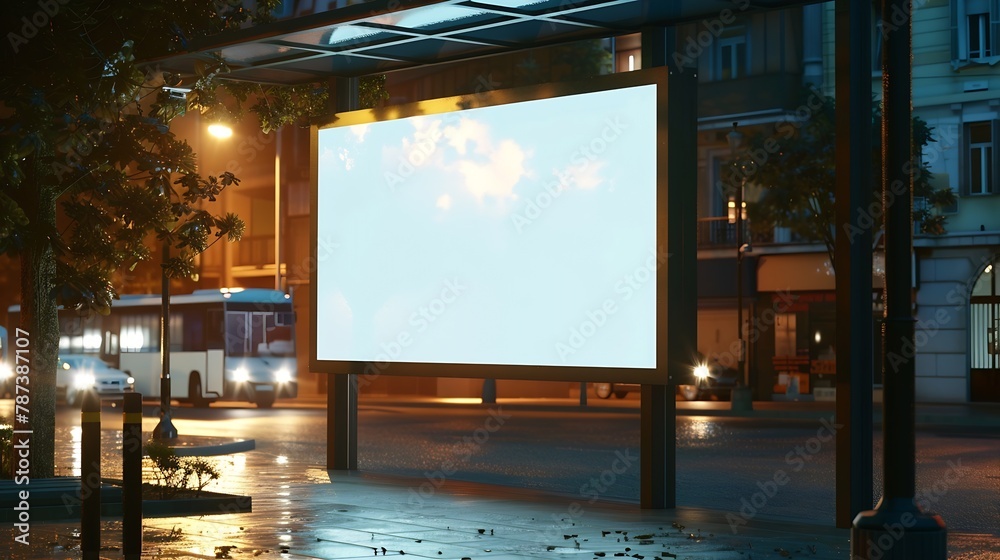 Poster side view of blank white horizontal billboard at bus stop commercial concept mock up : generative ai