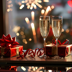 A table with two crystal glasses of champagne, gifts and fireworks in the background, festive atmosphere, closeup, New year decorations, warm light, high.