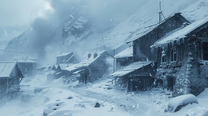 A snowy landscape with a few houses and a road - obrazy, fototapety, plakaty