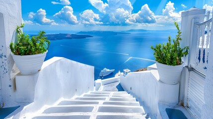 Stunning santorini island daytime panorama featuring fira and oia towns in greece