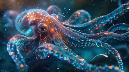 A colorful octopus with glowing eyes is the main focus of this image. The octopus is surrounded by a blue and purple background, which gives the impression of a deep sea scene - obrazy, fototapety, plakaty