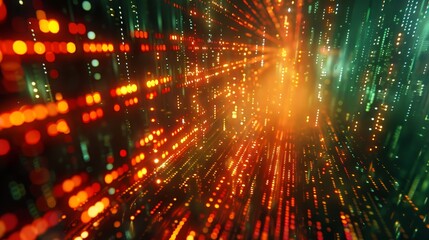 Fototapeta premium A colorful, abstract image of a cityscape with bright orange and green lights. Concept of energy and excitement, as if the viewer is being transported into a futuristic world