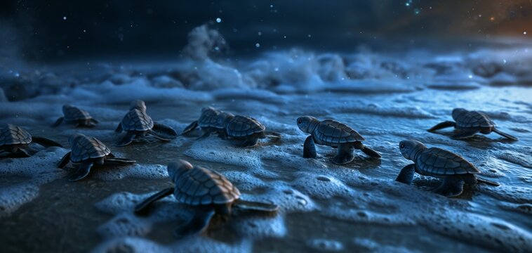 Image of several baby sea turtles crawling on the beach towards the ocean under a starry night sky, symbolizing new beginnings