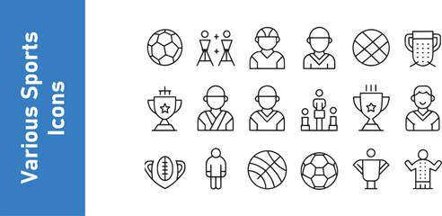 Various sports icons with Athletic perfect. Football, team, cricket, etc. Vector collection. 